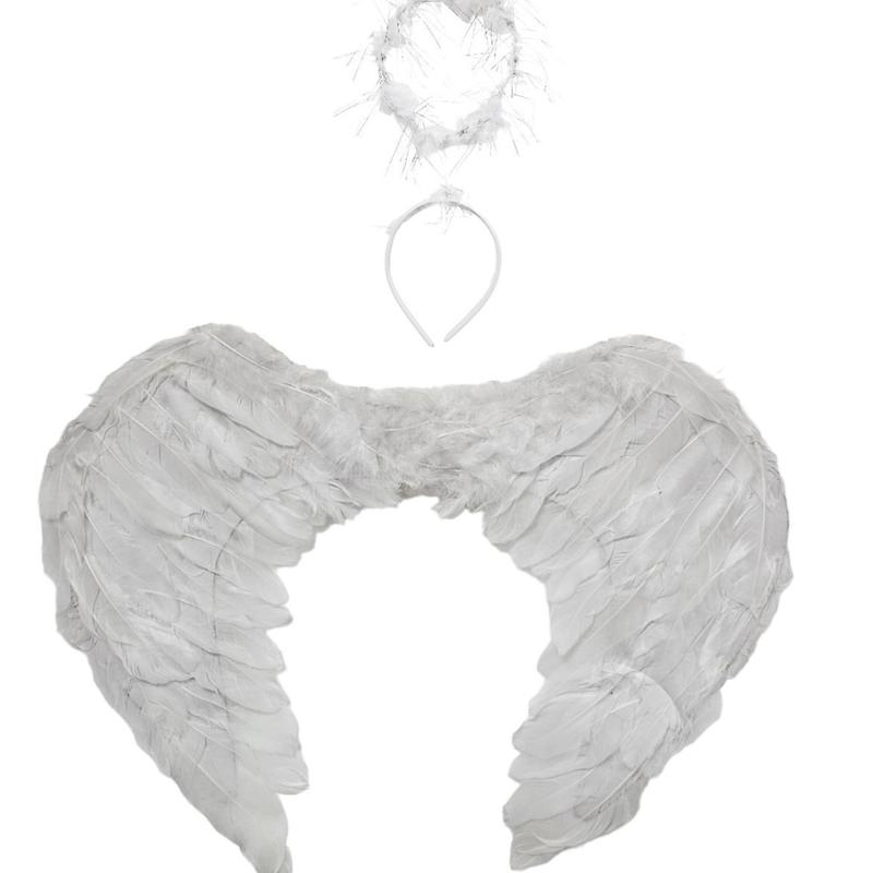 White Feather Wings with Angel Halo - Ladies' and Girls' Halloween Spooky Fairytale Princess Fancy Dress Party Costume 0