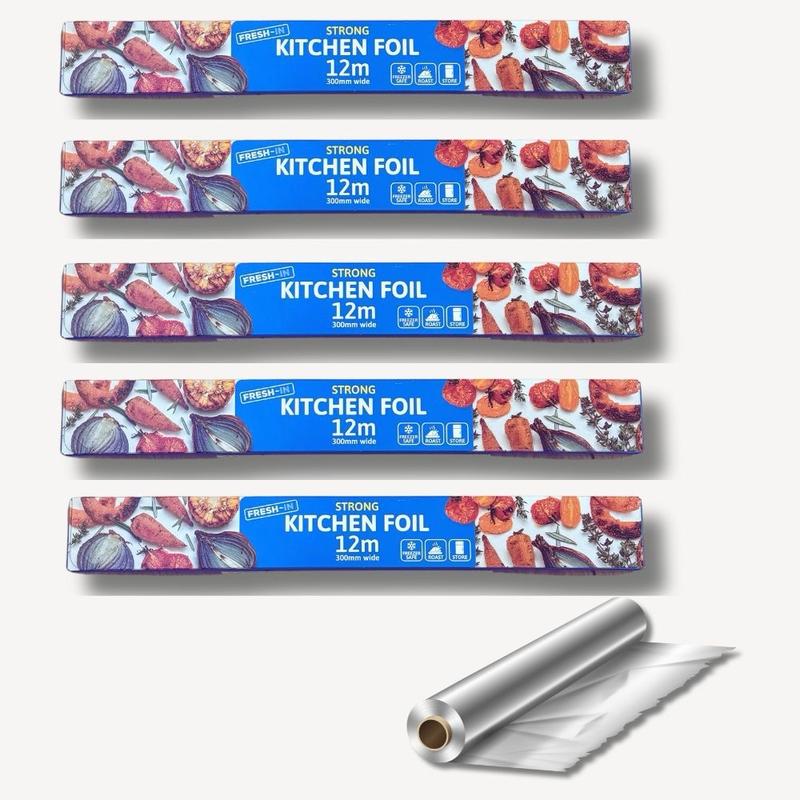 Pack of 5 Premium Quality Aluminum Kitchen Catering Tin Foil Rolls, 300mm x 12m 12" inches Cookware Disposable 0