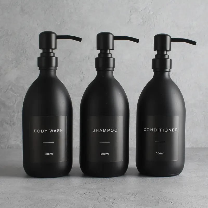 Body Wash, Shampoo & Conditioner Matte Black Glass Set Labelled Bottle Lotion Pump Dispenser for Bathroom 0