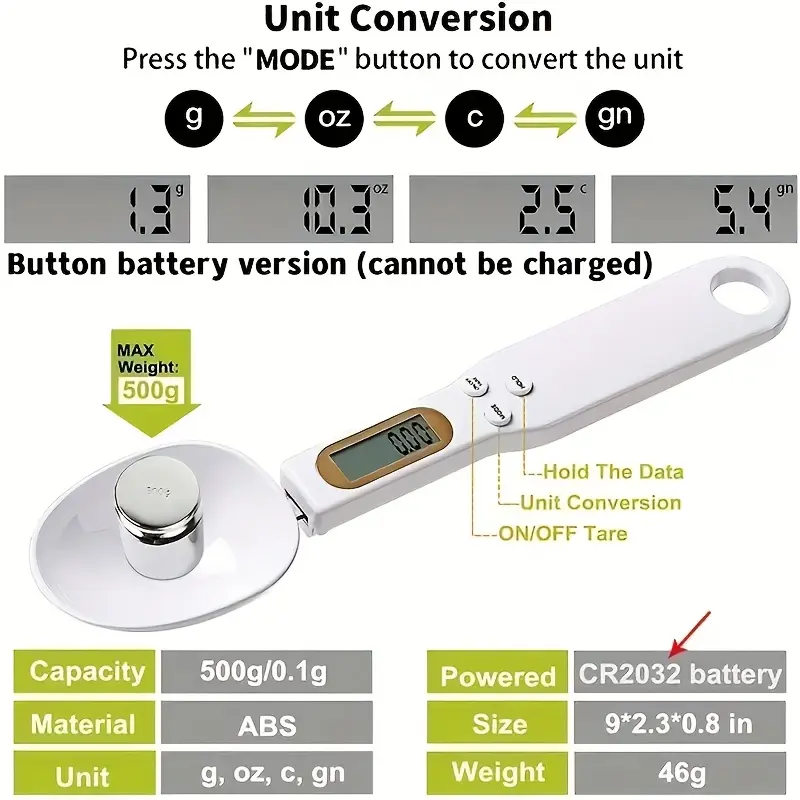 Cuchara de balanza digital de cocina AccuMeasure, plástico, pantalla LCD, precisión de 0,1 g a 500 g, alimentada por batería, ideal para cocinar, hornear y controlar las porciones. 7