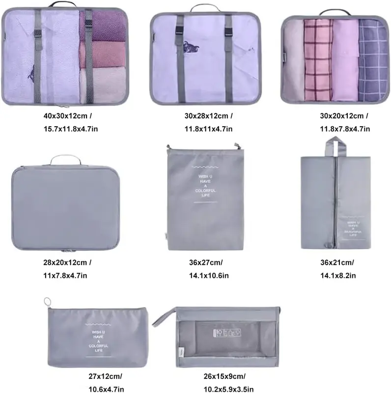 Travel Packing Cubes, Toifucos Multifunction 8pcs/set Luggage Organiser Waterproof Compression Suitcase Essential Bag, Dark Gray 6