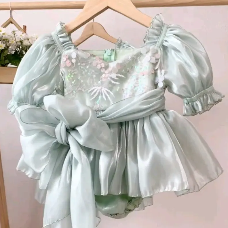 Girls Mermaid Sea Green sequin bodice bow detail tutu romper.  Toddler Comfortable Baby 1