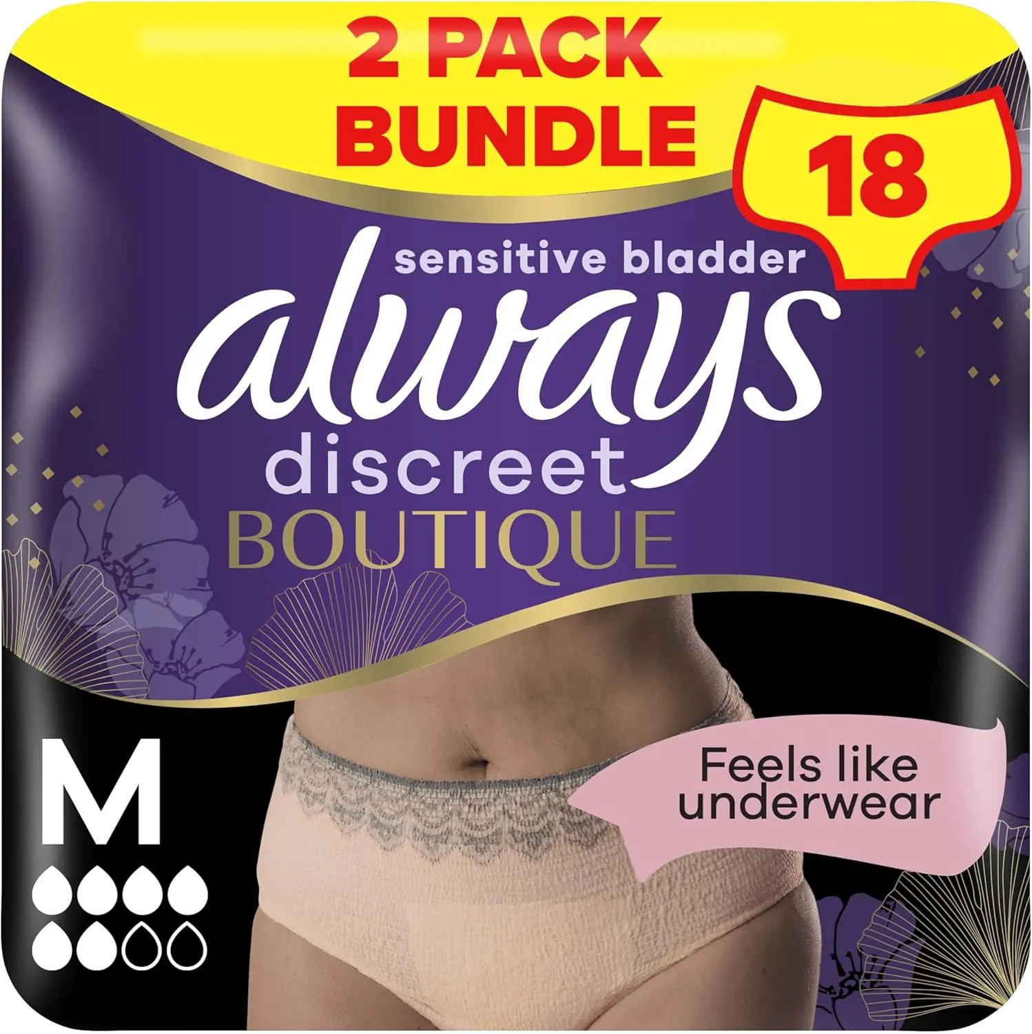 Always Discreet Boutique Incontinence Pants Women, Medium, Plus, 18 High Absorbency Pants (9 x 2 Packs), Odour Neutraliser, Softness and Protection, For Sensitive Bladder Comfort