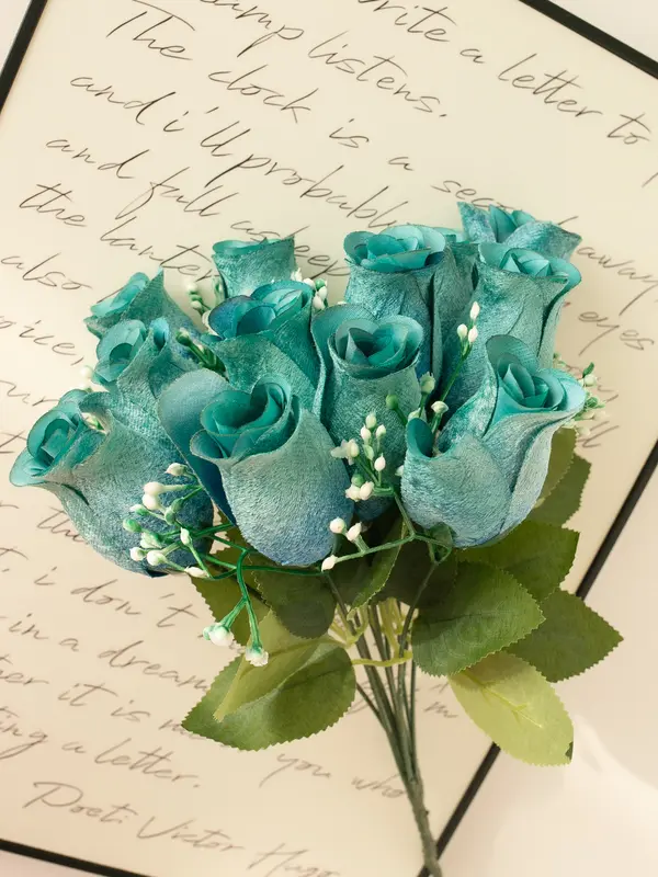 Valentine’s Day Decor Artificial Velvet Rose bud, 1 Piece 12 heads Colorful Faux Flower Bouquet, Artificial Flowers for Wedding and Home Decoration 4