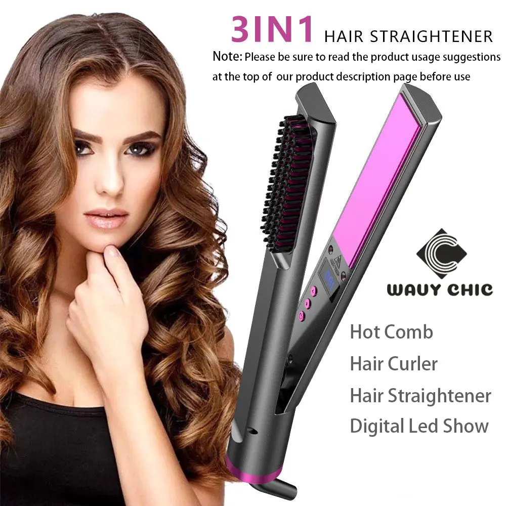 【wavy chic】3 in 1 Hair Straightener Multi-Functional Hair Straightening and Curler Anti Scald Hair Straightening Brush 30s Instant Heat-Up Hair Straightener with Flat Iron and LCD Temp Display for Beauty Salon Holiday Gift
