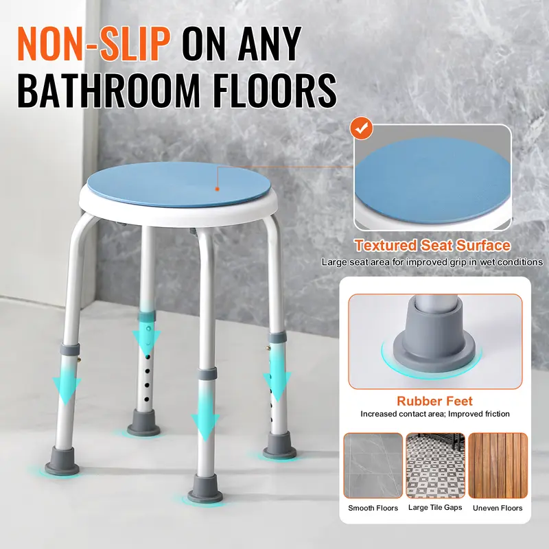 VEVOR Shower Chair for Inside Shower, 360 Degree Swivel Shower Seat, Adjustable Height Shower Stool, Non-Slip Bench Bathtub Seat Stool for Elderly Disabled Adults Handicap, 300 lbs Capacity Aluminium Lightweight 3