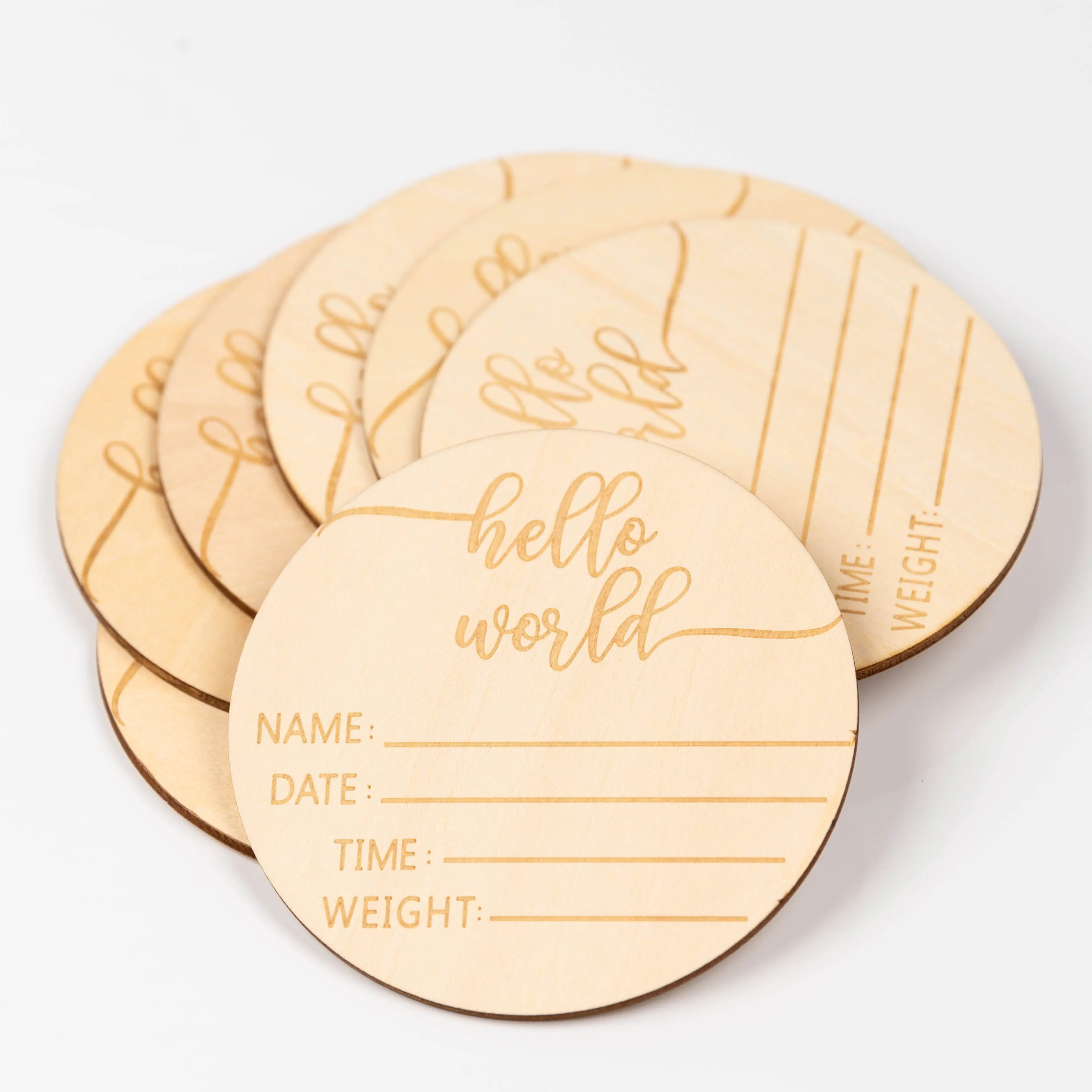 "Hello World" Newborn Wood Baby Announcement Disc