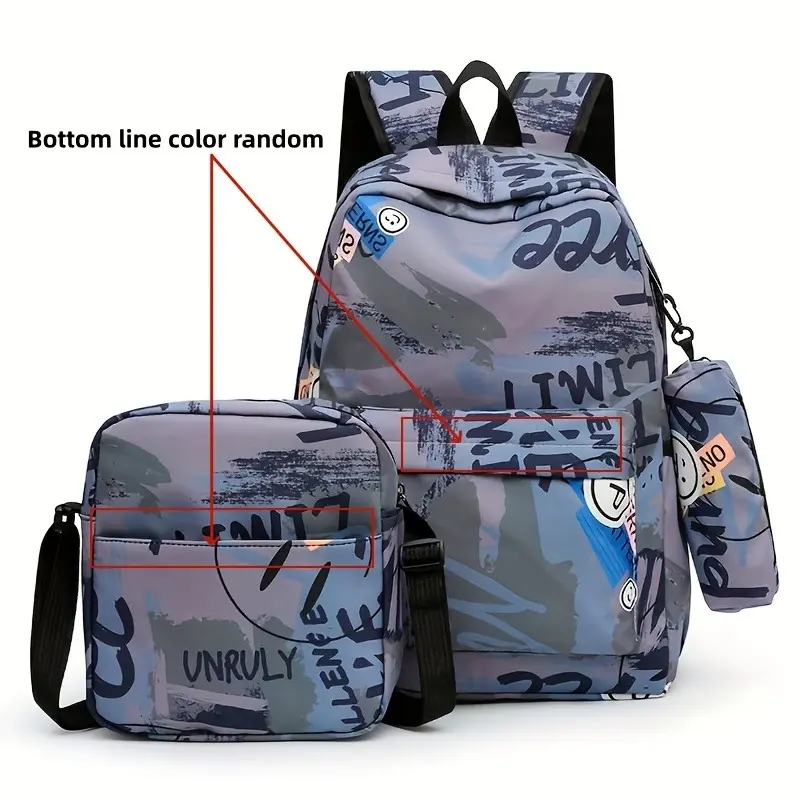 Three Pieces Set Men's Backpack With Handbag& Pencil Case, Dirt Resistant Ultra Lightweight Large Capacity Backpack For Teen Boys 1