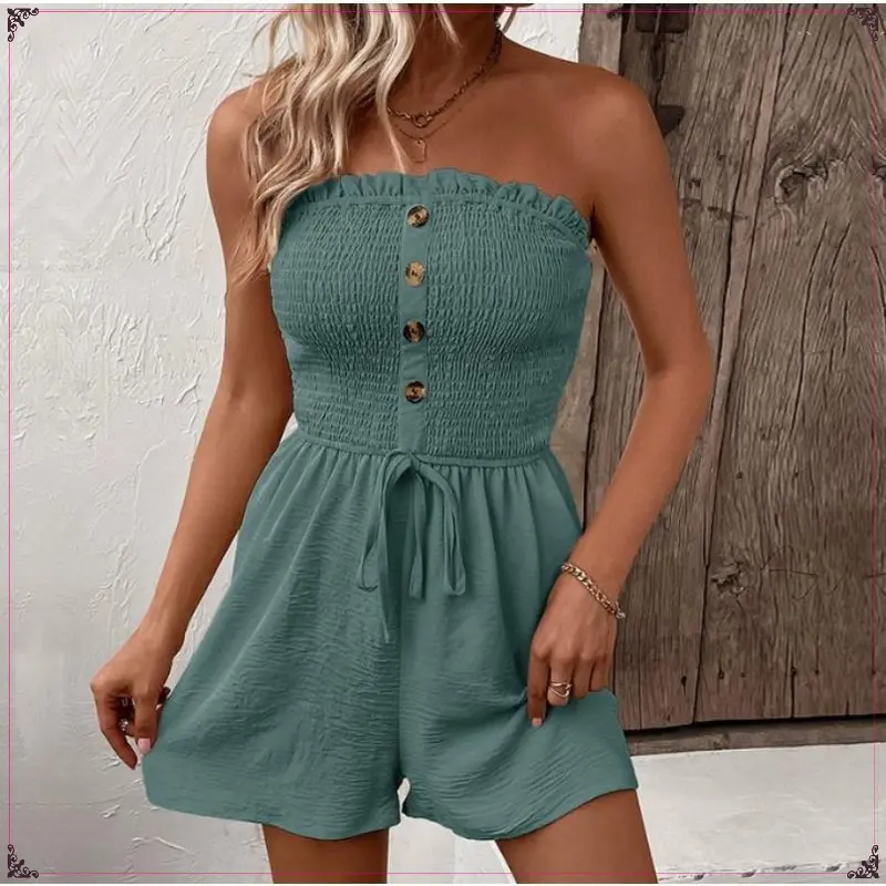 Women's Fake Buttons Frill Trim Shirred Tie Front Wide Leg Tube Romper, Lady Basic Casual Strapless Romper for Summer, Rompers for Women, Strapless One-piece Jumpsuit for Women, Hide Tummy Outfits,Gift 0
