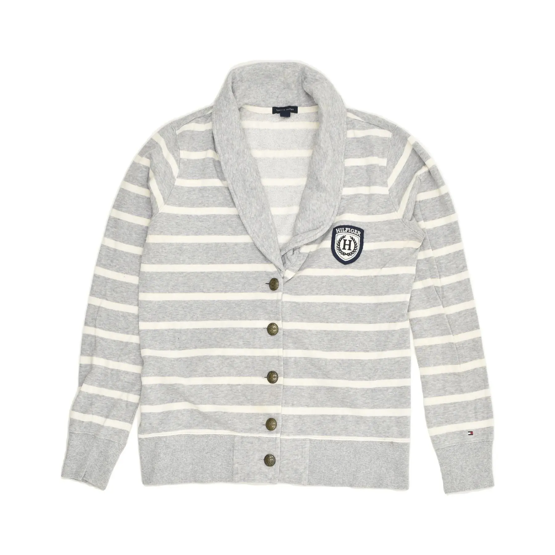 Pre-Owned Vintage TOMMY HILFIGER Womens Cardigan Sweater UK 16 Large Grey Striped Cotton