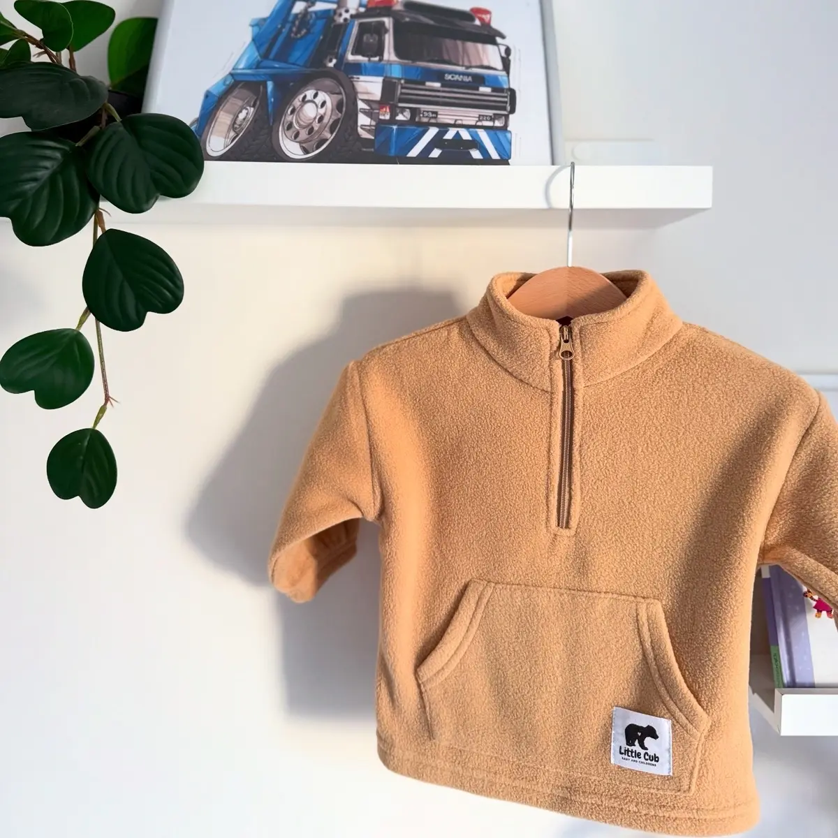 Kids Quarter Zip Fleece Hoodie - Warm and Cozy for Boys - Sweatshirts, Tops, Plain, Pullover, Beige, Long Sleeve, Caramel