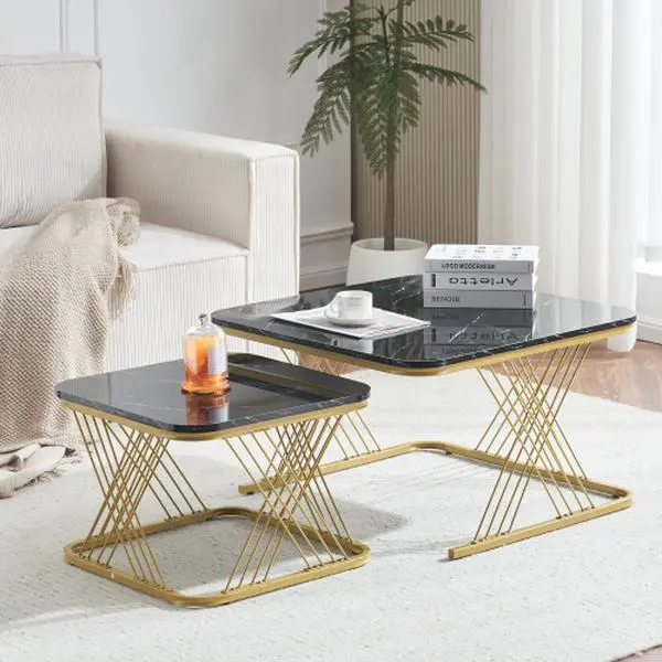 2-Piece Nesting Coffee Tables – Black Faux Marble Top, Gold Metal Legs, Space-Saving Design for Living Room or Small Spaces