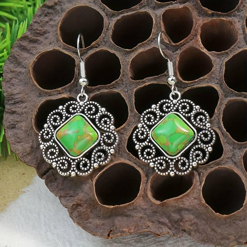 Boho Style Jewelry Set with 3-Piece Earrings and Necklace, Inlaid Green Gemstone and Cute Flower Edge - Great Gift for Her 3