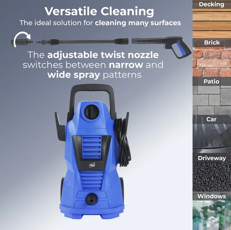 Neo Electric High Pressure Washer with Adjustable Nozzle and Washer Brush 3