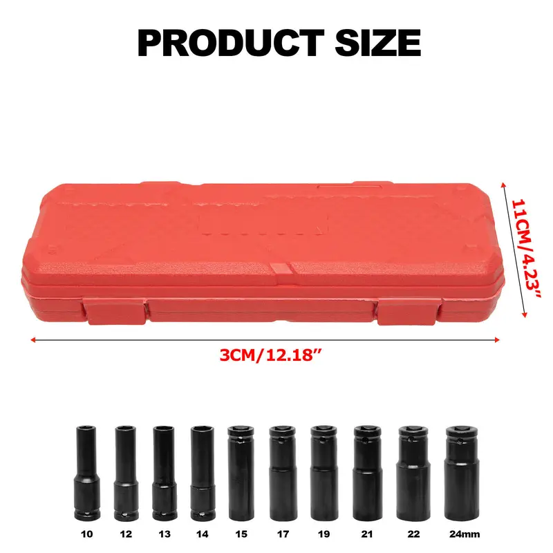 10 x Deep Impact Socket Set Heavy Duty 1/2" Drive 10-24mm Metric Tool Set UK 7