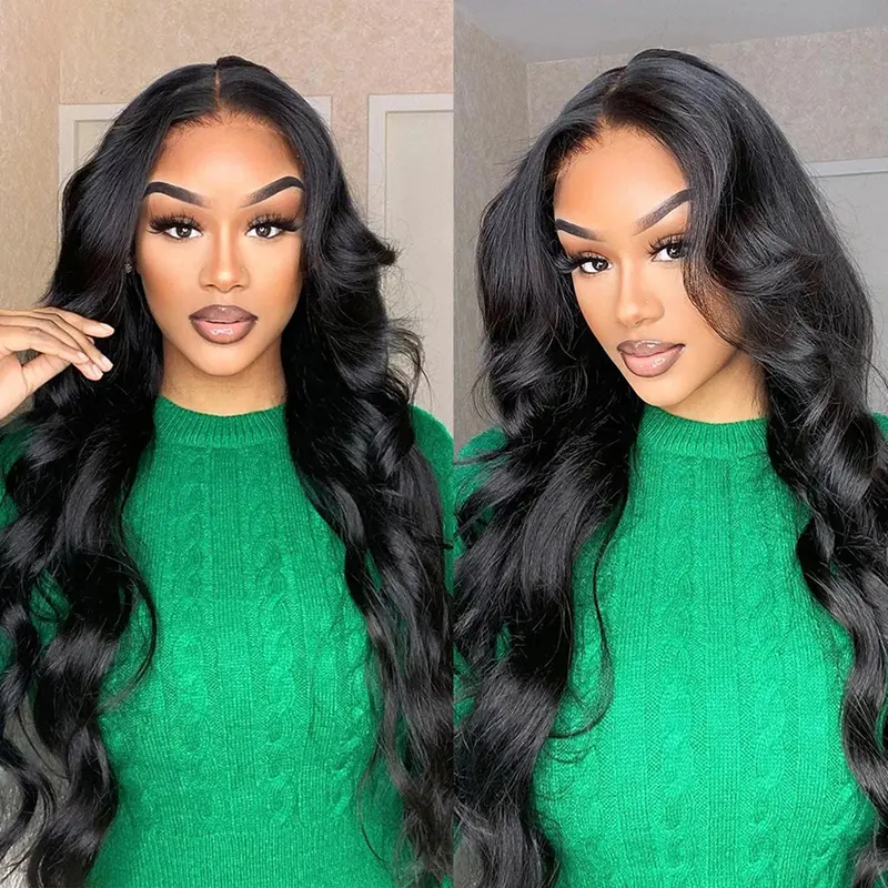 Baby Hair 180 Density Brazilian Human Hair Wig 18inch Body Wave HD Transparent Lace Frontal Wig 13x6 13x4 Glueless Pre Plucked Bleached Knots Bling Hair For Women Black Natural Color Natural Hairline Human Hair Ship From UK 1