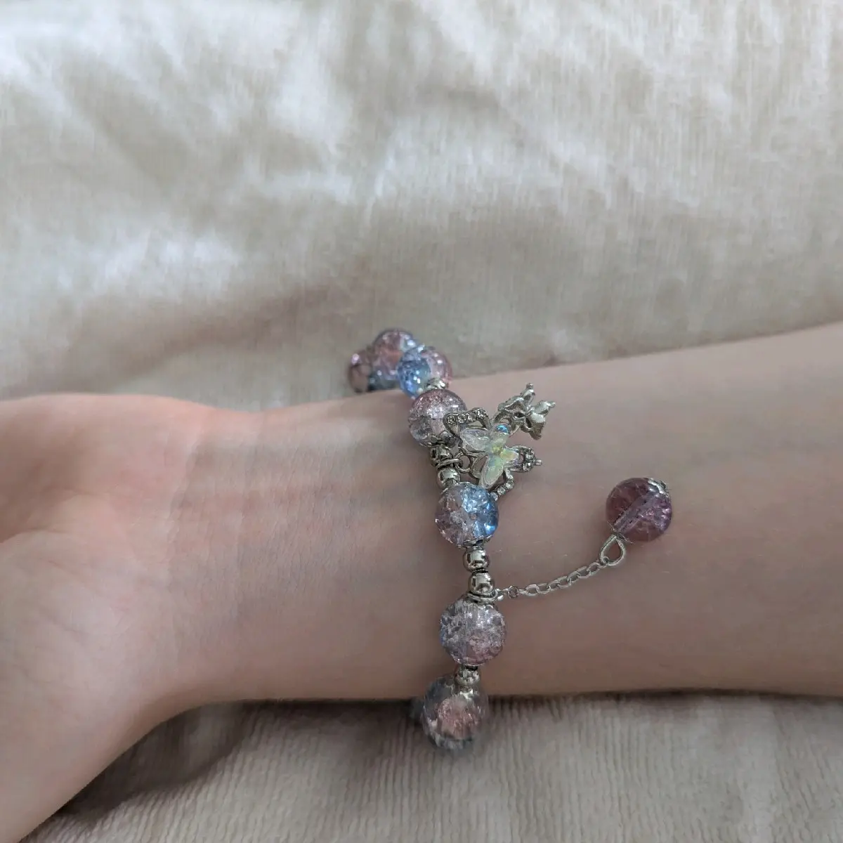 pinky purpley bluish Glass Beaded Bracelet With Butterfly Charm