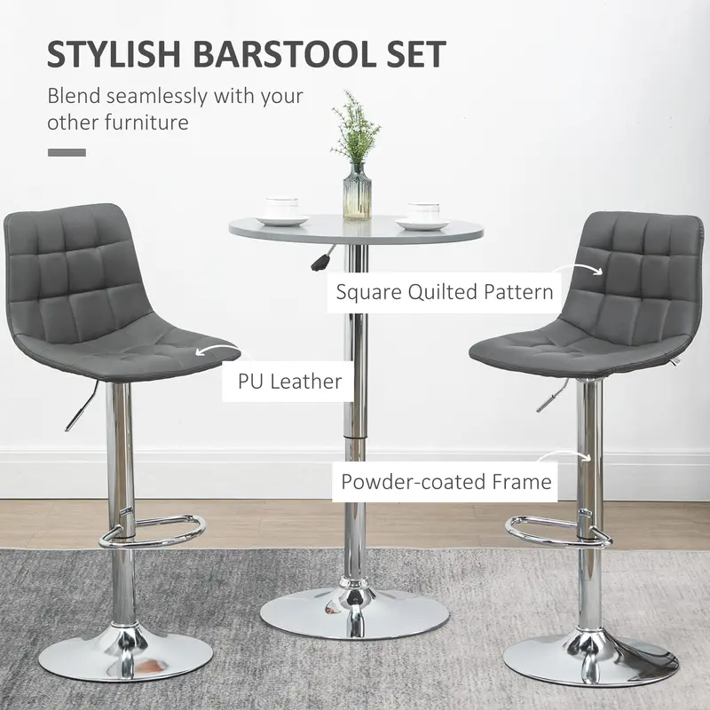 HOMCOM Adjustable Bar Stools Set of 2, Swivel PU Leather Upholstered Barstools with Tufted Seat and Back, Breakfast Bar Chairs for Kitchen Counter, Grey 3