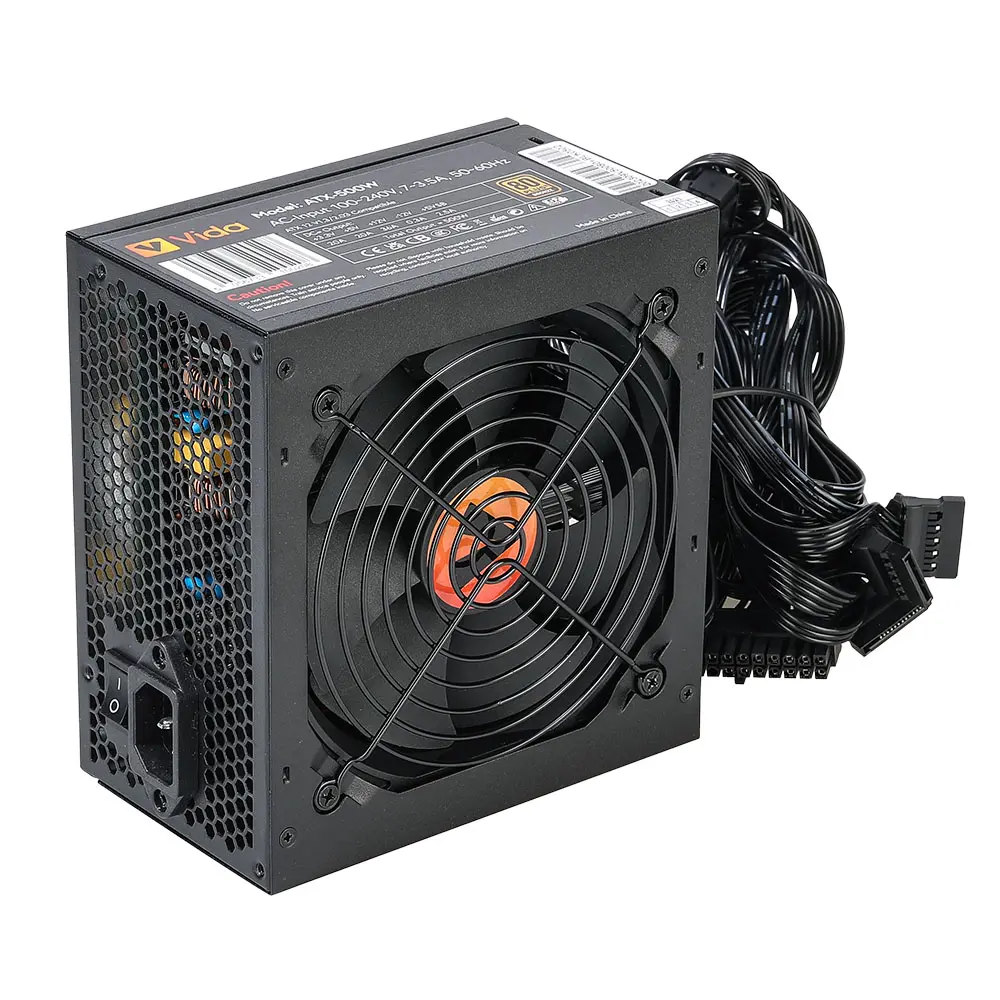 Vida 500W ATX PSU, 80+ Bronze, Fluid Dynamic Ultra-Quiet Fan, PCIe, Flat Black Cables, Power Lead Not Included