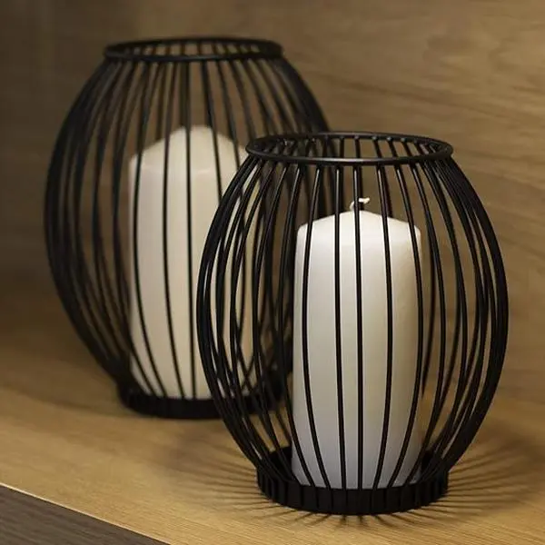 Cage Candle Holders - Set of 2 | Small & Large Pillar Candle Lanterns | Birdcage Holder for Candles | Black Iron Home Candlestick Decor