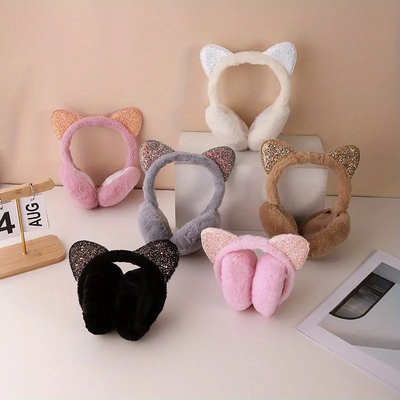 Cozy Sequin Cat Ear Plush Earmuffs - Adjustable, Soft & Warm Winter Ear Covers for Women - Perfect Christmas Gift 1