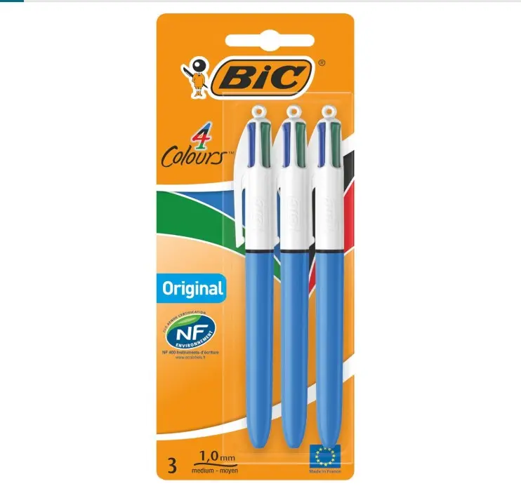 BIC 4 Colours Original Pens, Multi Coloured Pens All In One, Biro Pens, Medium 1.0mm, Green, Blue, Red, Black, 3 Pens Per Pack, 1 Pack