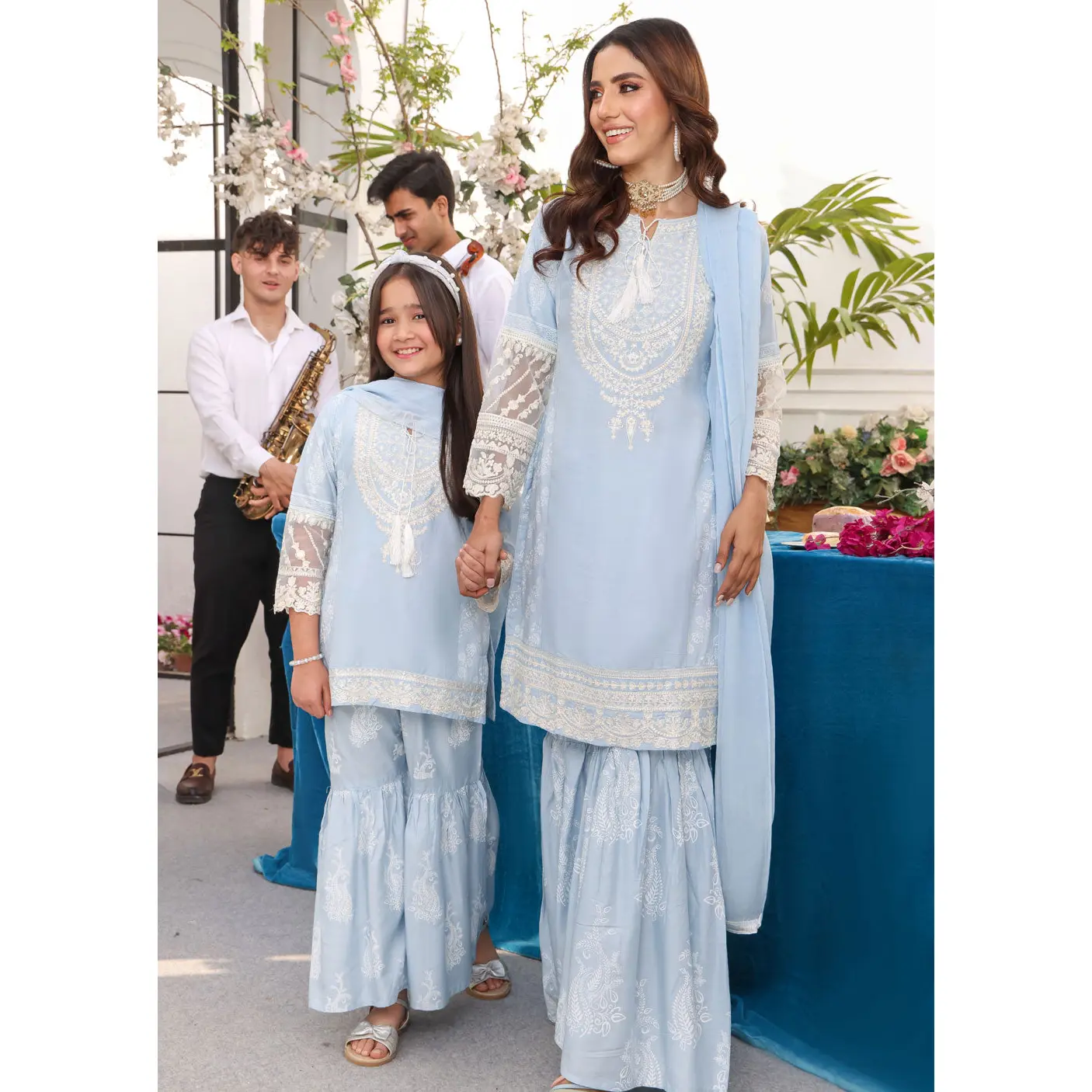 HK181 Bekhud Readymade Baby Blue Linen Mother & Daughter Suit