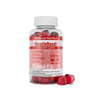 Muscle Boost - Recovery, Creatine, BCAA, Glutamine, Lysine, 60 Chewable sugar free vegan Gummies for Men & Women - 1900mg Active per Serving - Natural Strawberry Flavour Supplement Dietary Fitness Optimum