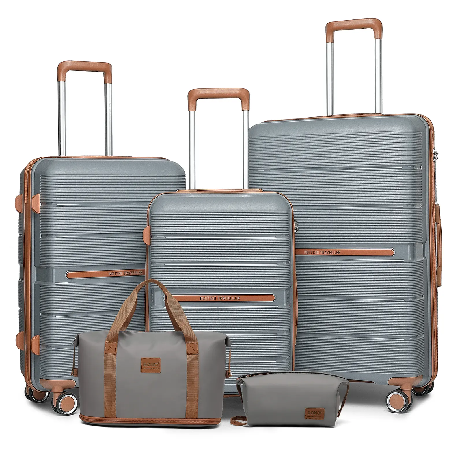 [MissLulu Bags] BRITISH TRAVELLER Multi-Texture Polypropylene Hard Shell 20''/24''/28'' Suitcase with TSA Lock - Grey and Brown