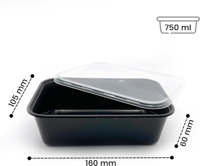 100 x Black Plastic Meal Prep Food Containers, Takeaway Containers With Lids - Microwave Food Storage Containers | Freezer Storage Boxes, Food Containers with Lids, Food Containers - 750ml (10) Disposable 1