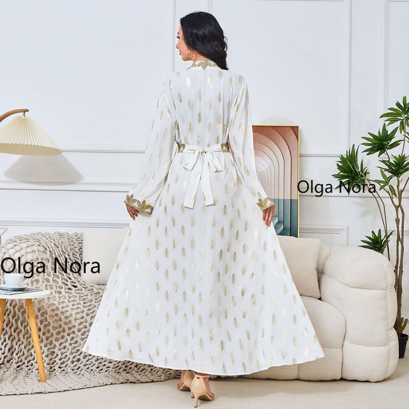 OLGA NORA ON1425ON Long Length Home Robe White Gold Plated Elegant V-neck Dress for 5'4-5'9 regular sleeve casual abaya  lover 2