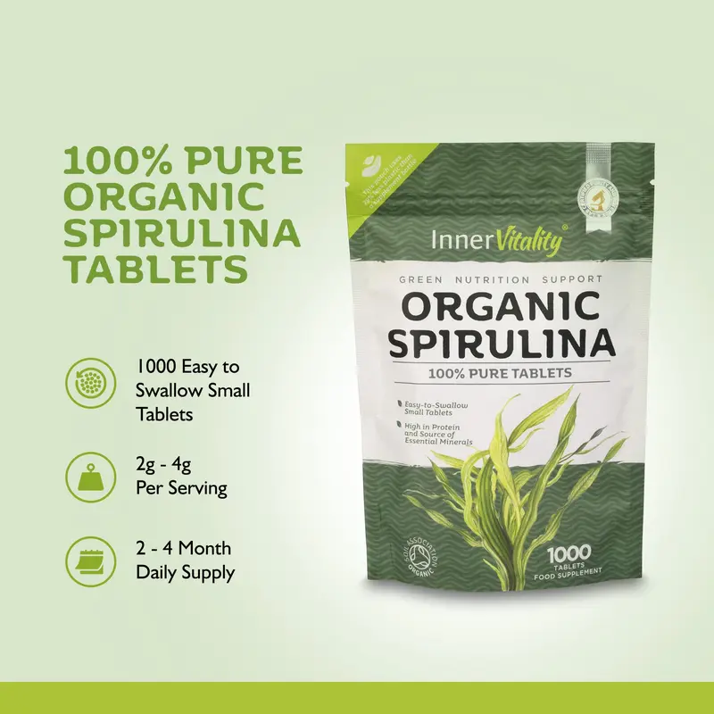 Organic Spirulina Tablets 1000 Easy to Swallow Tablets - 100% Pure Certified Organic Tablets Rich in Essential Vitamins & Minerals by Inner Vitality 1