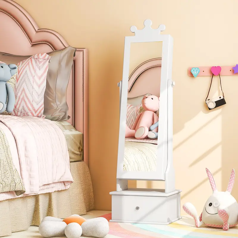 COSTWAY Kids Jewelry Cabinet Armoire with Full Length Mirror and 3 Storage Drawers 4
