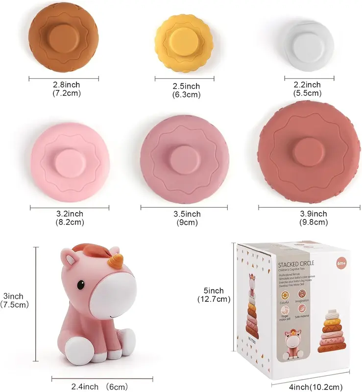 7 Pcs Stacking & Nesting Baby Toys, Squeeze Teething Baby Toys and Building Circle with Horse Figure, Early Educational Christmas Toy Gifts for 6 Months Baby Toddler Girls (Classic Edition) 4
