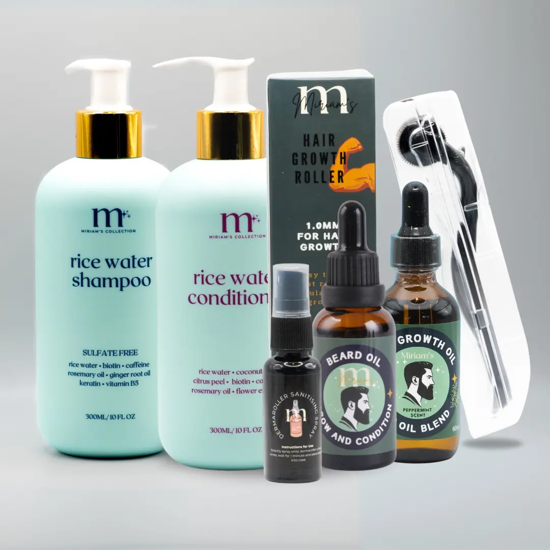 Build Your Hair & Beard Growth Bundle | 5 items: Hair Oil, Rice Water Shampoo, Conditioner, Hair Roller, Sanitising Spray | Miriam's Collection |Gift Hair Care | Hair Loss | Male Pattern Baldness Comfort