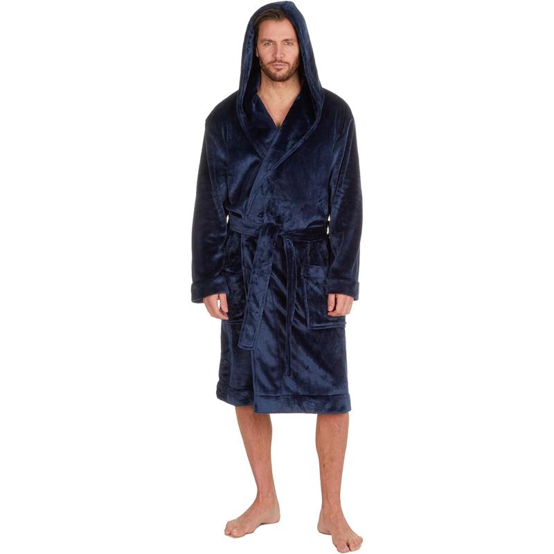 Mens Luxury Soft Coral Fleece Hooded Dressing Gown Robe Small-5XL 1