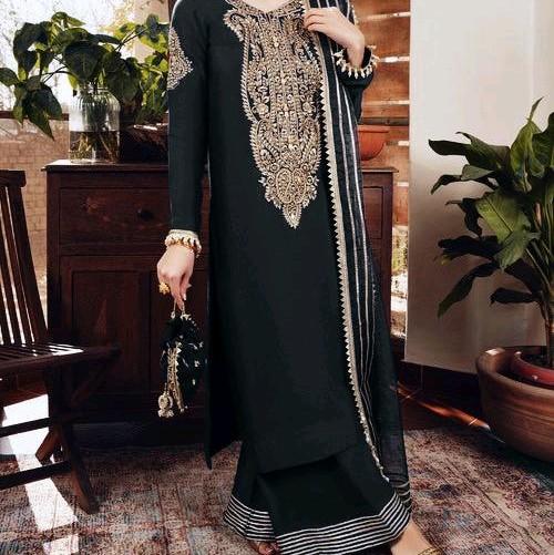 Black viscous beautiful embroiderey mirror work with 4sided got a lace and Tussels work 3 piece ready to wear ladies suit tailor made. Formal wear party wear available in  beautiful 4 colours 0