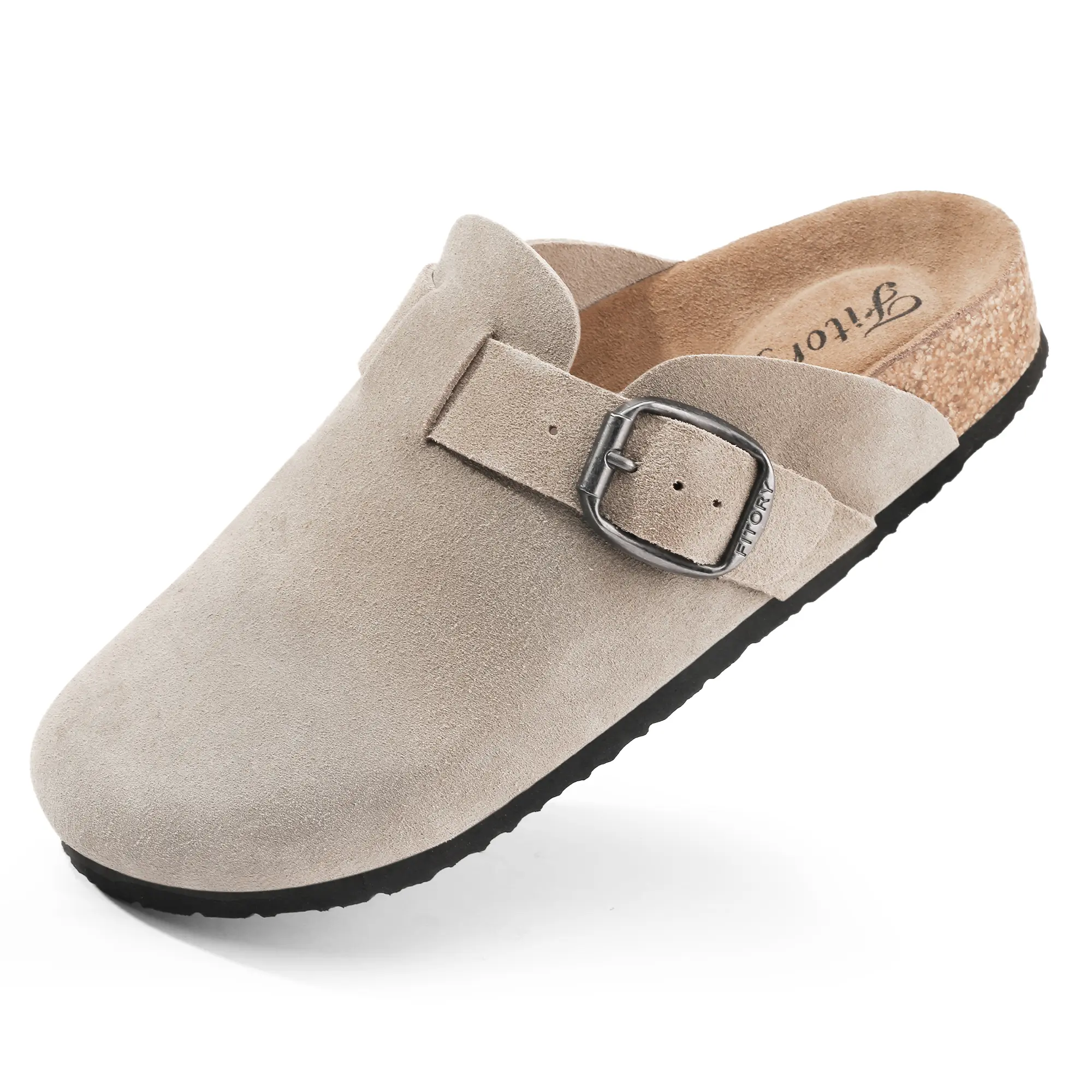 FITORY Women Round Toe Suede Clogs Fashion Walking Shoes with Comfort Adjustable Straps Leather Mules Cork Footbed Clogs