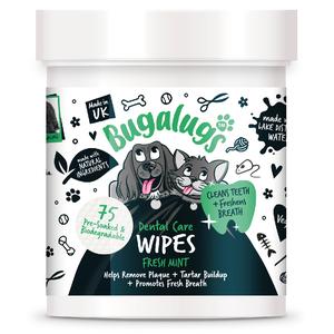 Bugalugs Dental Care Wipes for Dogs & Cats - (75 Bio-degradable Pre Soaked) Fresh Mint, Helps Remove Plaque + Tartar Build-up, Promotes Fresh Breath