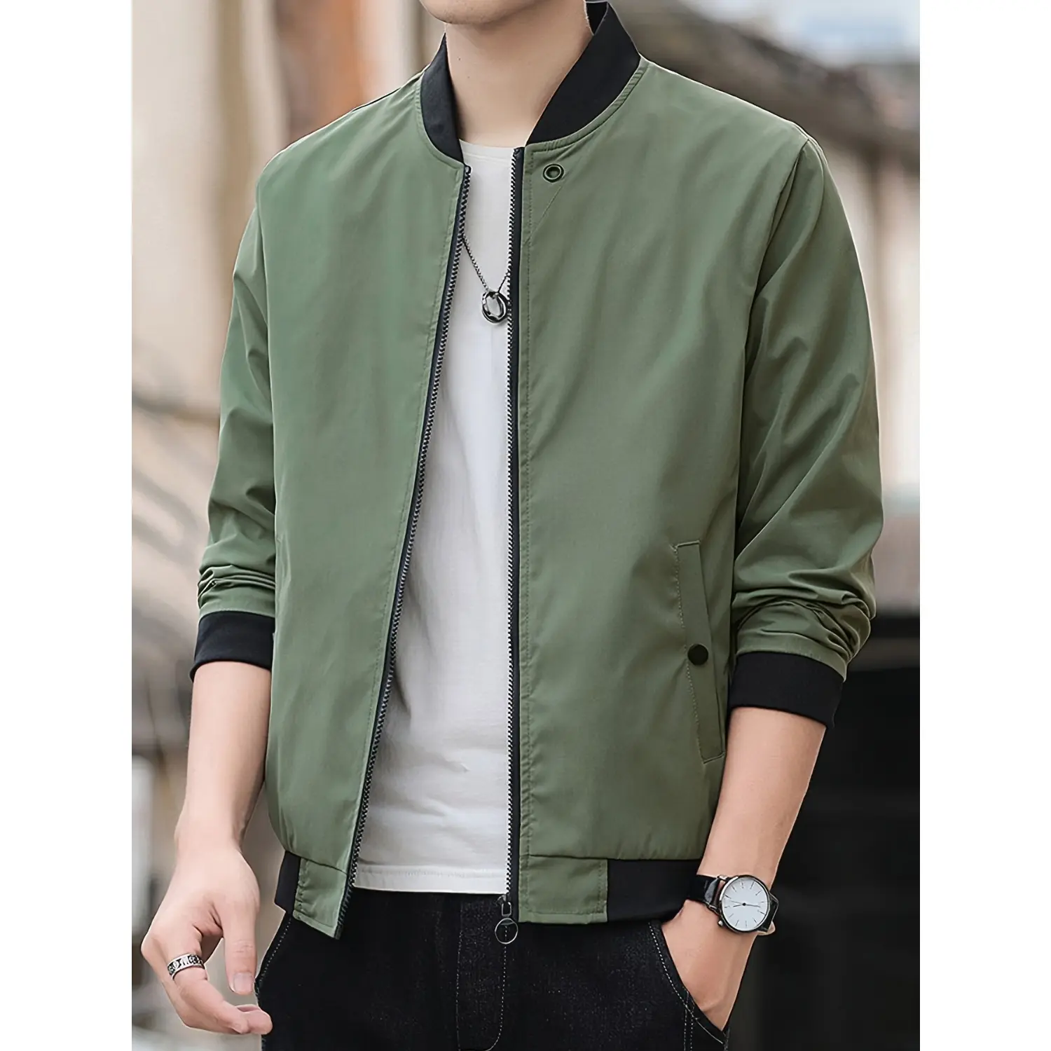 Baseball Collar Design Men's Solid Long Sleeve Zip Up Sports Jacket With Multiple Pockets, Men's Spring Fall Outwear