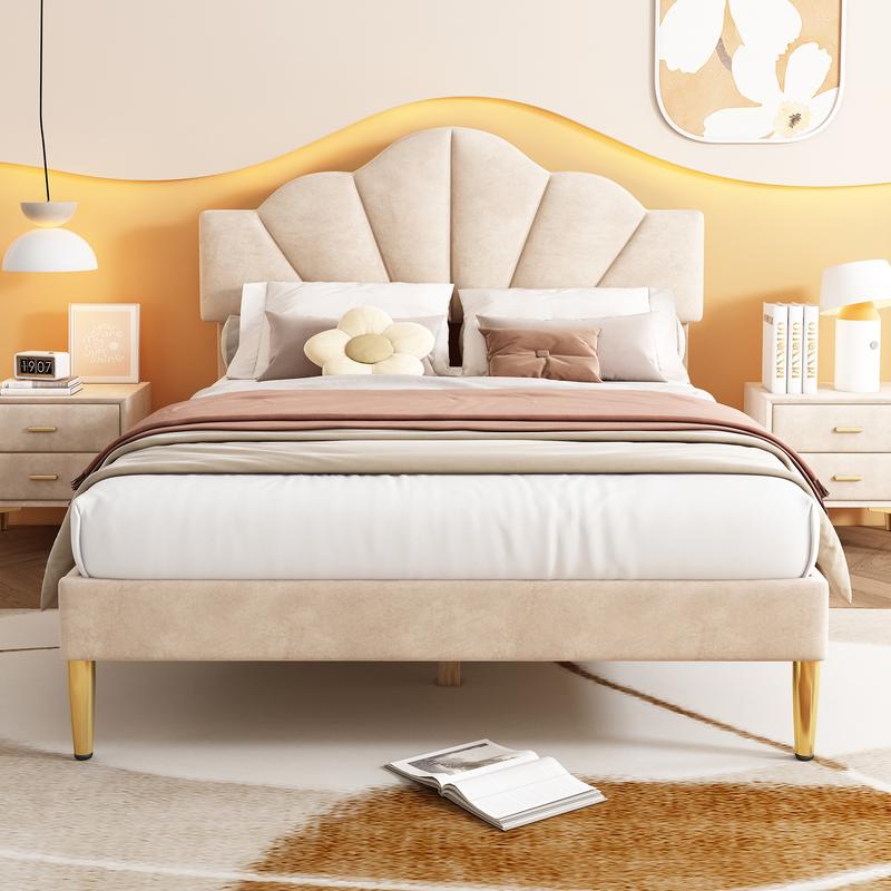 Luxury Uk New King Size Bed-5ft(150*200cm)TV Double Velvet upholstered bed shell-like bed with golden iron legs, height-adjustable headboard, wooden slatted frame, Beige california king 2