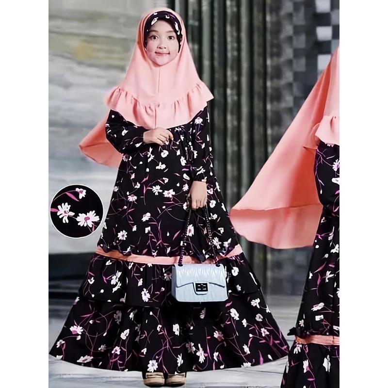 Conjunto de Ropa Étnica Tradicional Musulmana para Niñas de Primavera y Otoño - Vestido Floral de Manga Larga + Pañuelo para la Cabeza, Conjunto de Dos Piezas 1