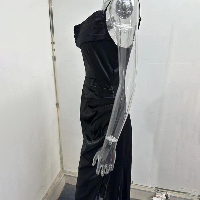 Product Introduction of Summer Women's Sexy Vintage Tulle Long Dress  Spaghetti Strap Satin Pleated Low-cut V Neck High Split dress Party Gown Ball 8