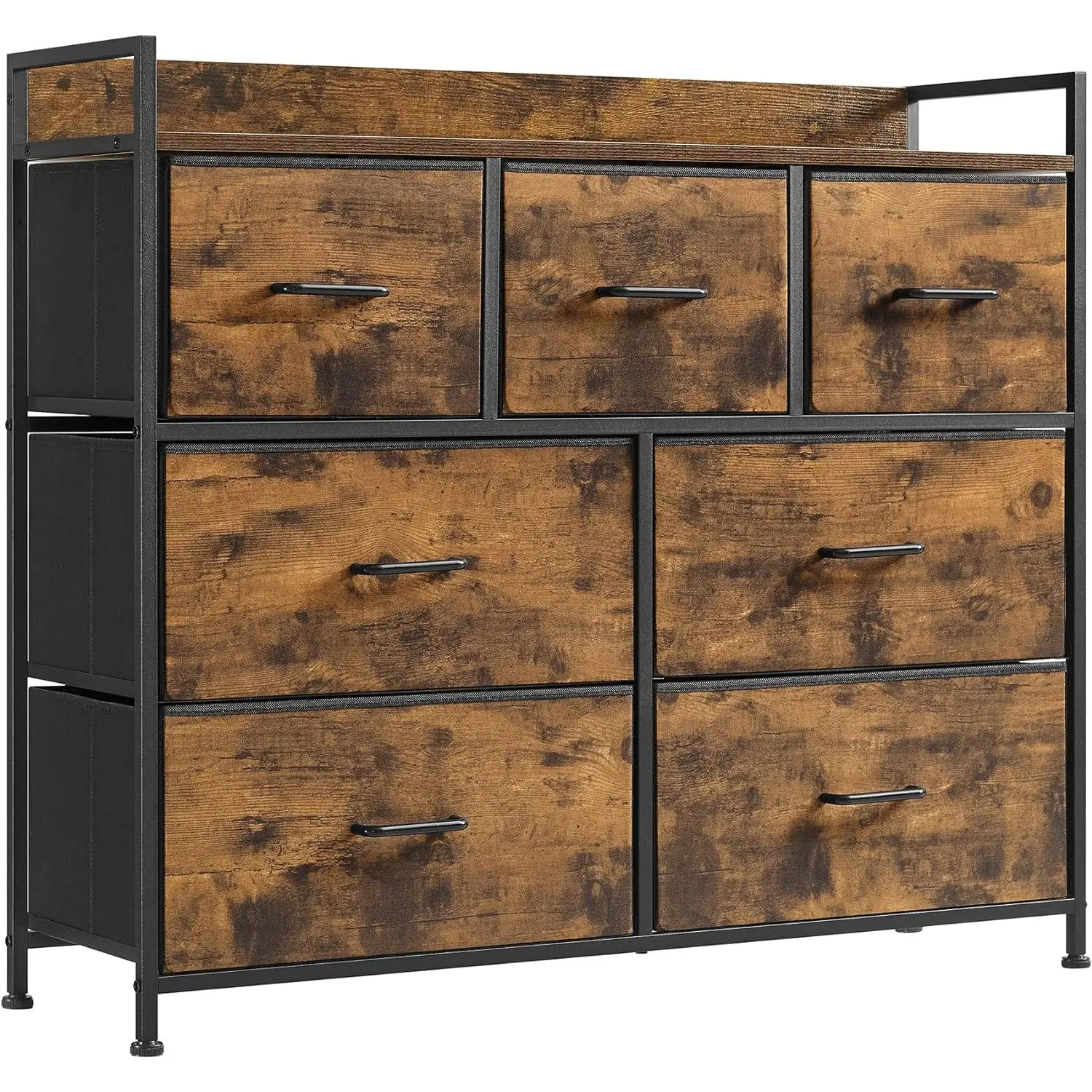 Chest of Drawers, Bedroom Cabinet, 7 Fabric Drawers with Handles, Metal Frame, Rustic Brown and Ink Black LTS137B01