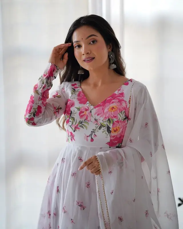 White Pink Flower Organza Printed Anarkali Dress & Dupatta Set 1