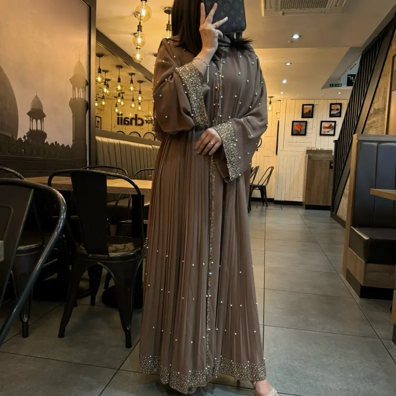 Sahar Gemstone and Pearl Pleated Abaya, Size 50-62, Modest Fashion, Women’s Islamic Clothing, Chiffon Abaya 2
