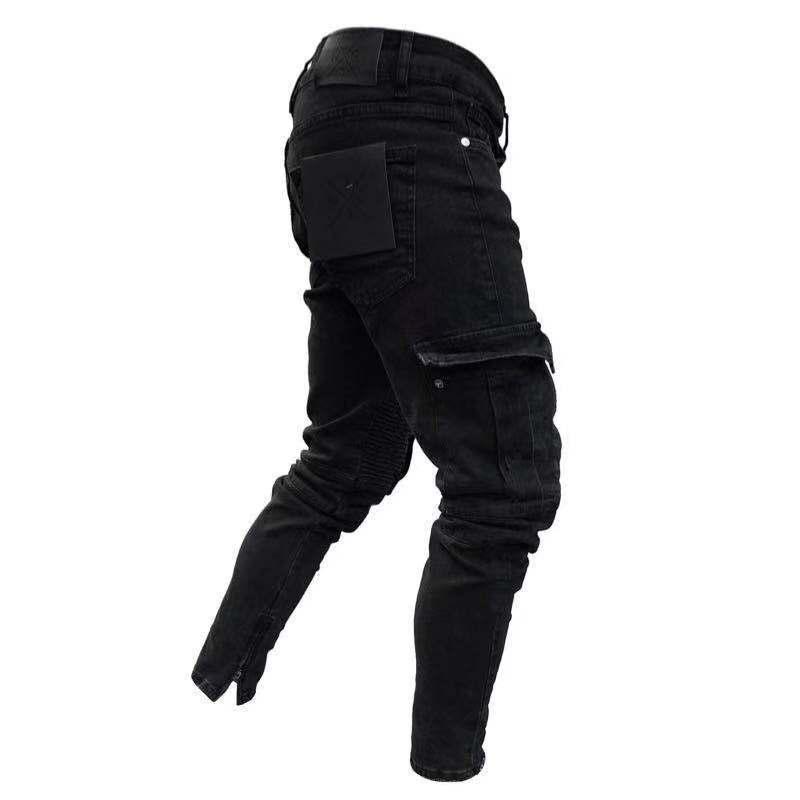 Product Introduction of Spring Autumn Winter Men's Stretch Jeans Black Large Side Pocket Worker Jeans Fashion Zipper Skinny Jeans Stretch Jogging Pants Menswear Streetwear Trouser Denim 3