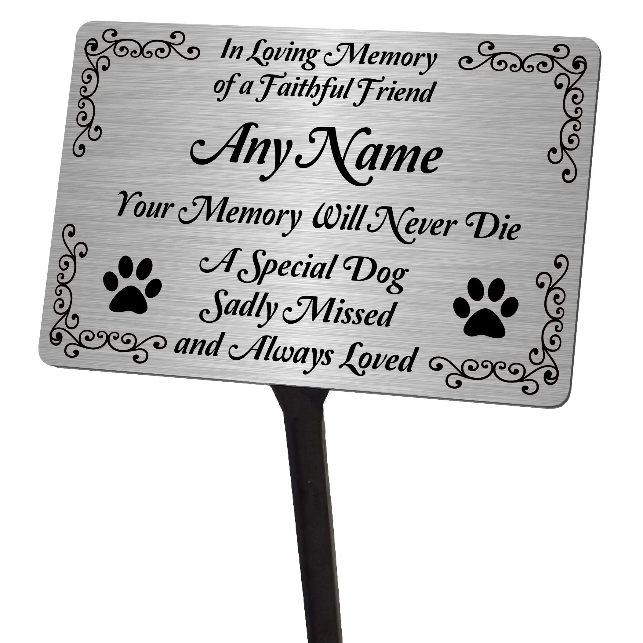 Personalised Dog Memorial Plaque with Resin Stake - Waterproof Brushed Silver Aluminium Pet Sign