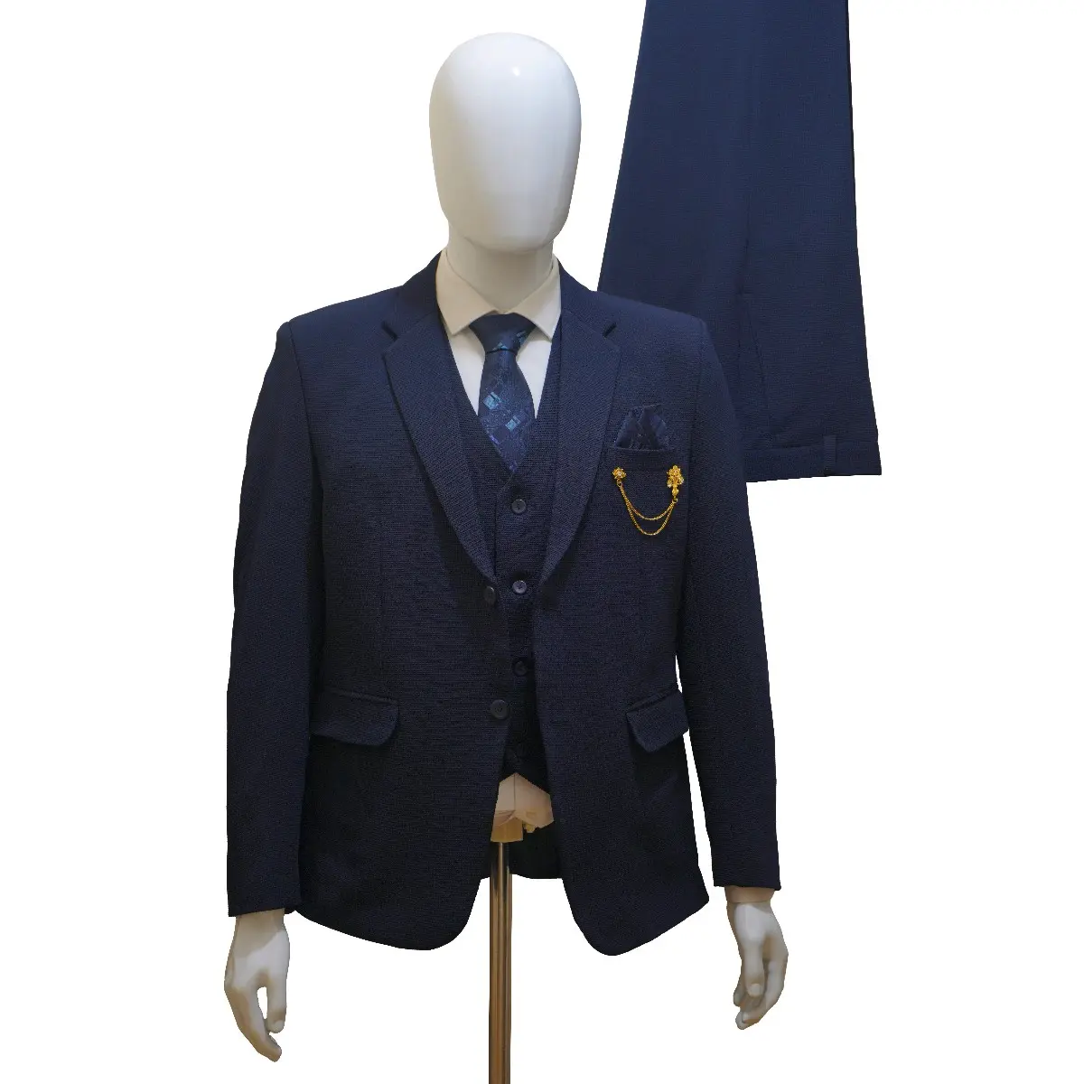Men's Navy Blue Suit with Jacket, Waistcoat, Trousers, and Tie