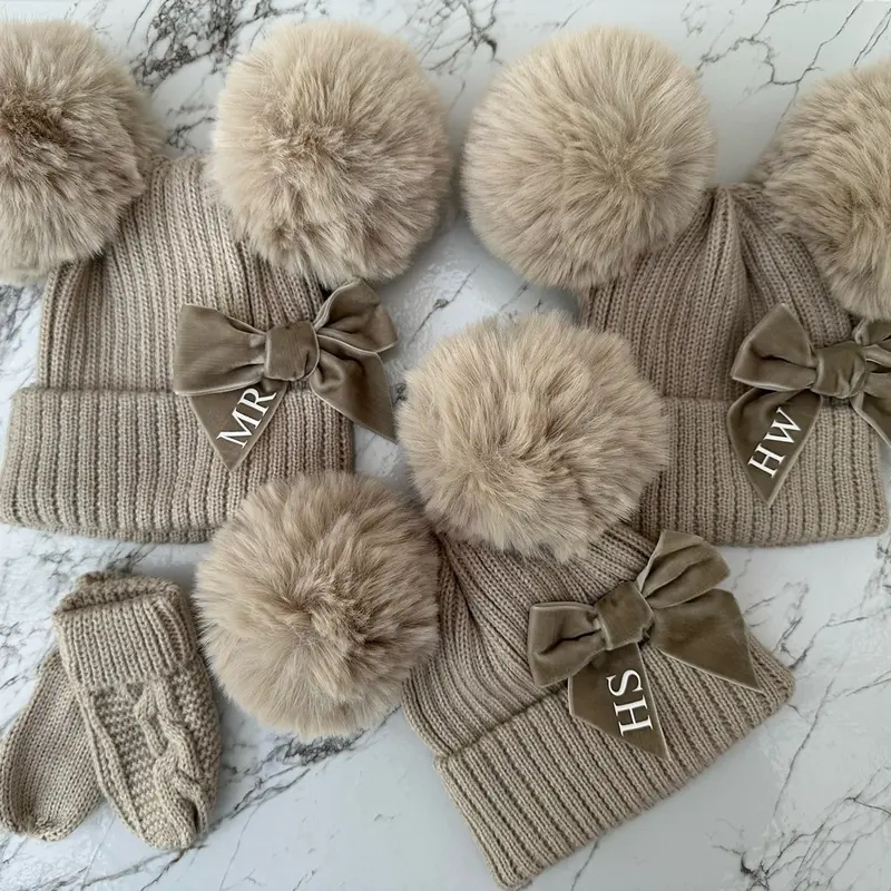 Biscuit or Dusky Pink Double Pom Pom Hat & Mittens - One Size Newborn - 12 Months. 6